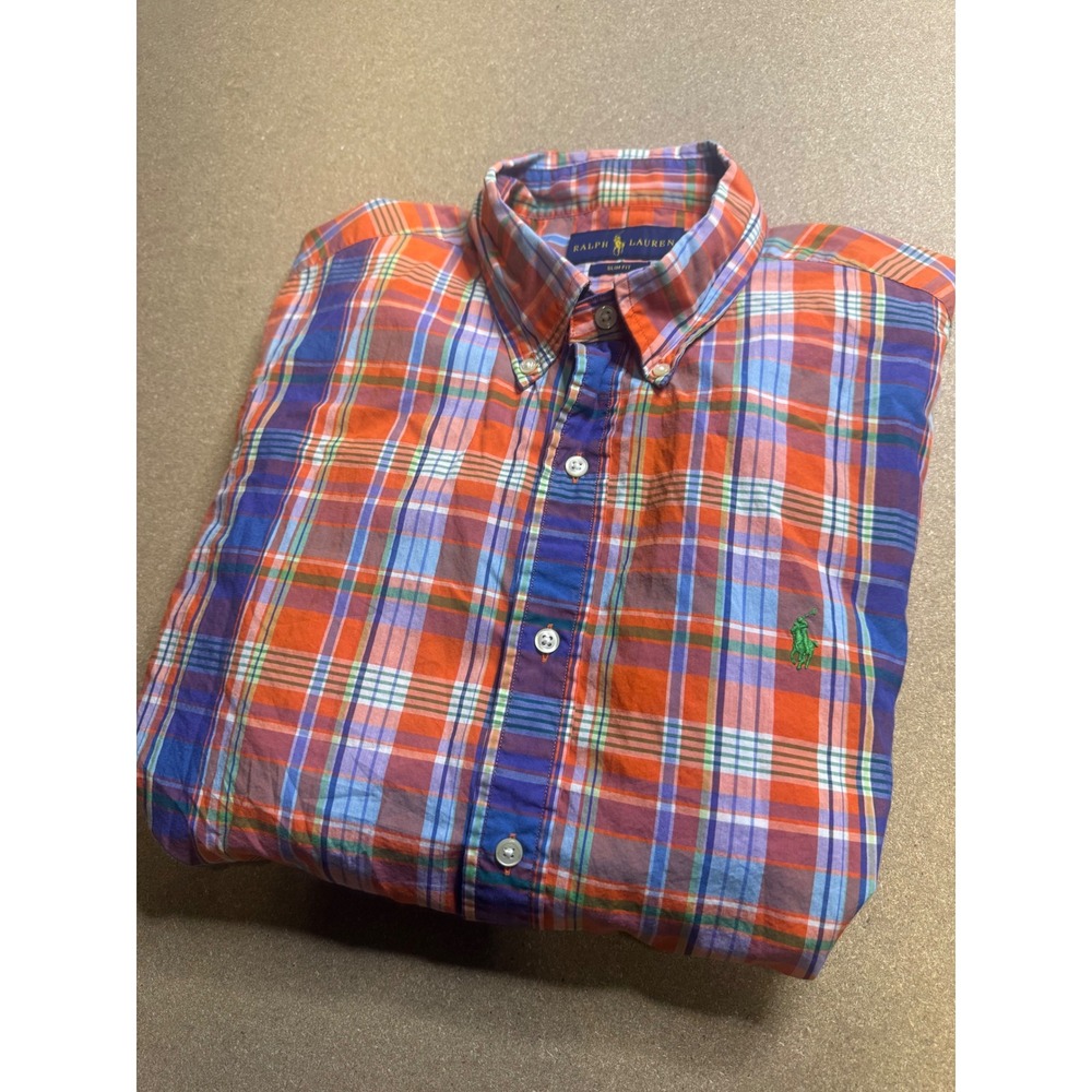 Ralph Lauren Men's Plaid Button Down Shirt Slim Fit Orange Blue Green Size L $89